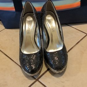 Black and silver glitter platform heels